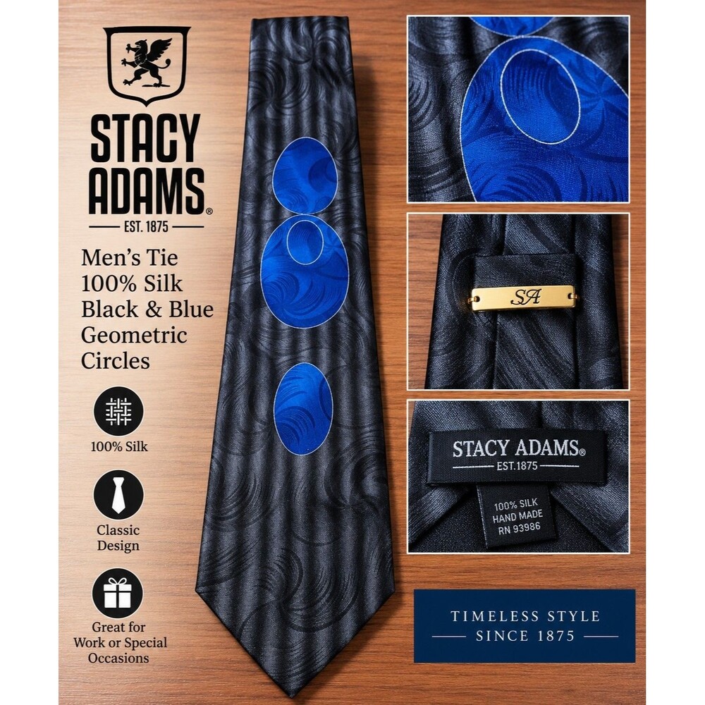 Stacy Adams 100% Silk Men's Tie Black Blue Geometric Circles Gold SA Clip